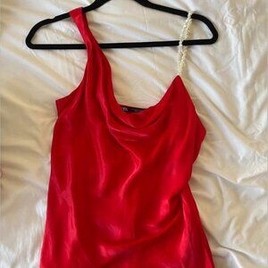 Zara silky satin red top with pearl strap detailing